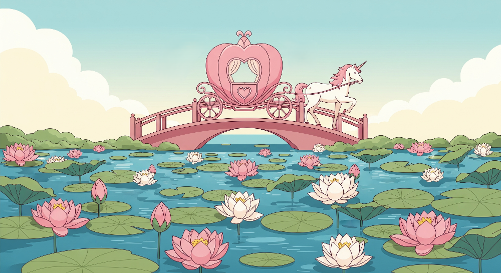 Unicorn Carriage over a Lily Pond Wall Mural