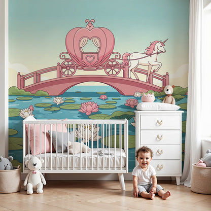 Kids-Mundo unicorn carriage lily pond wall mural fitted above a crib in a pastel nursery