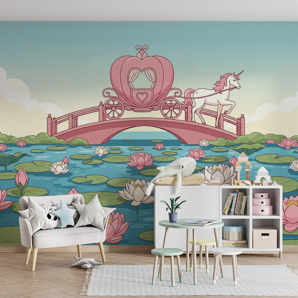 Kids-Mundo lily pond unicorn carriage mural adding calm to a children's playroom wall