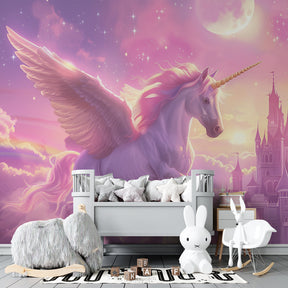 Fantasy unicorn wallpaper creating magical atmosphere in children's bedroom