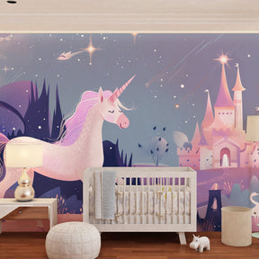 Multicolored unicorn wallpaper transforming kids bedroom into enchanted kingdom