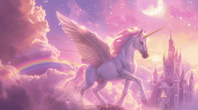 Detailed unicorn and castle under moon mural wallpaper design pattern by Kids-Mundo