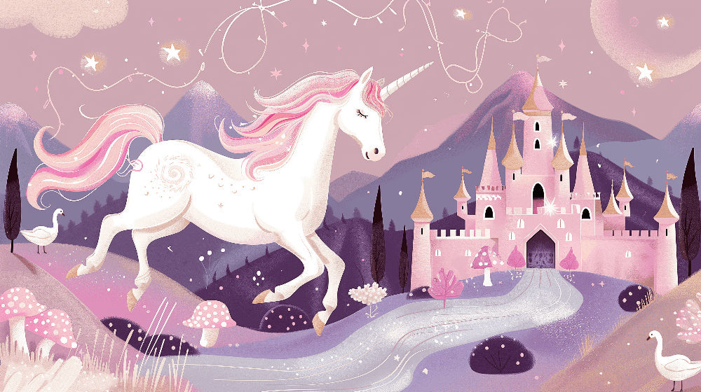 Detailed pink unicorn castle mural wallpaper design pattern with fairy tale elements by Kids-Mundo