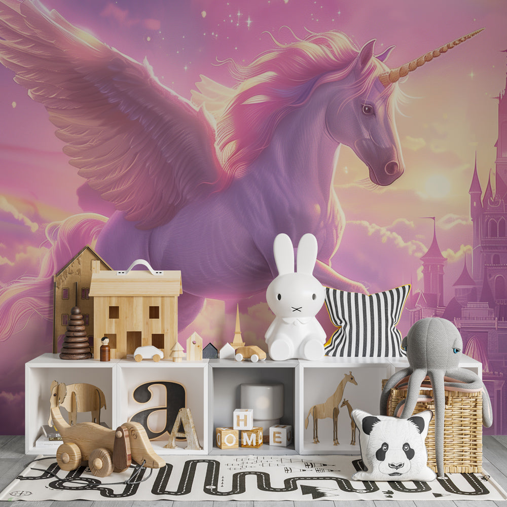Fairy-tale castle and unicorn mural wallpaper transforming child's room decor