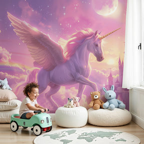 Enchanted unicorn castle mural wallpaper in pink-themed nursery by Kids-Mundo