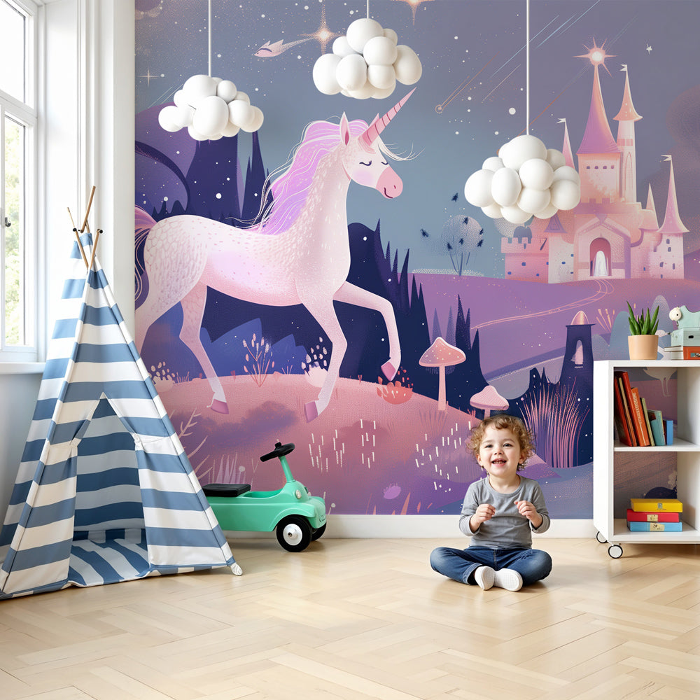 Unicorn castle mural wallpaper creating magical fairy tale nursery decor by Kids-Mundo