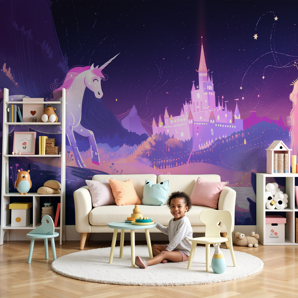 Unicorn castle mural wallpaper creating magical fairytale nursery decor by Kids-Mundo