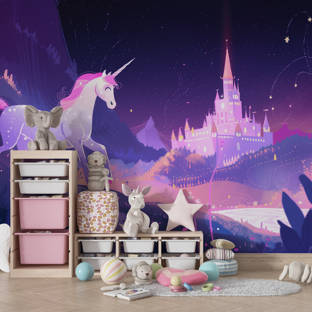 Magical unicorn castle wallpaper creating inspiring playroom atmosphere for kids