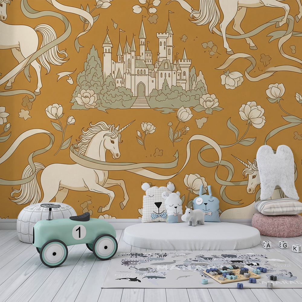 Kids-Mundo unicorn castle toile mural on a kids' bedroom wall in warm gold and sage green