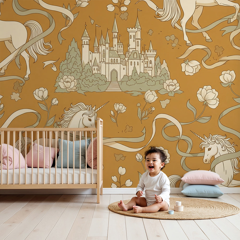 Kids-Mundo unicorn wallpaper mural in a nursery, a toile pattern of unicorns and a fairytale castle