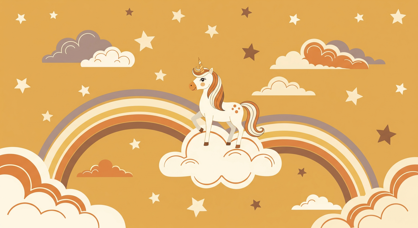 Flat artwork of the Kids-Mundo unicorn standing on a cloud above a golden rainbow and stars