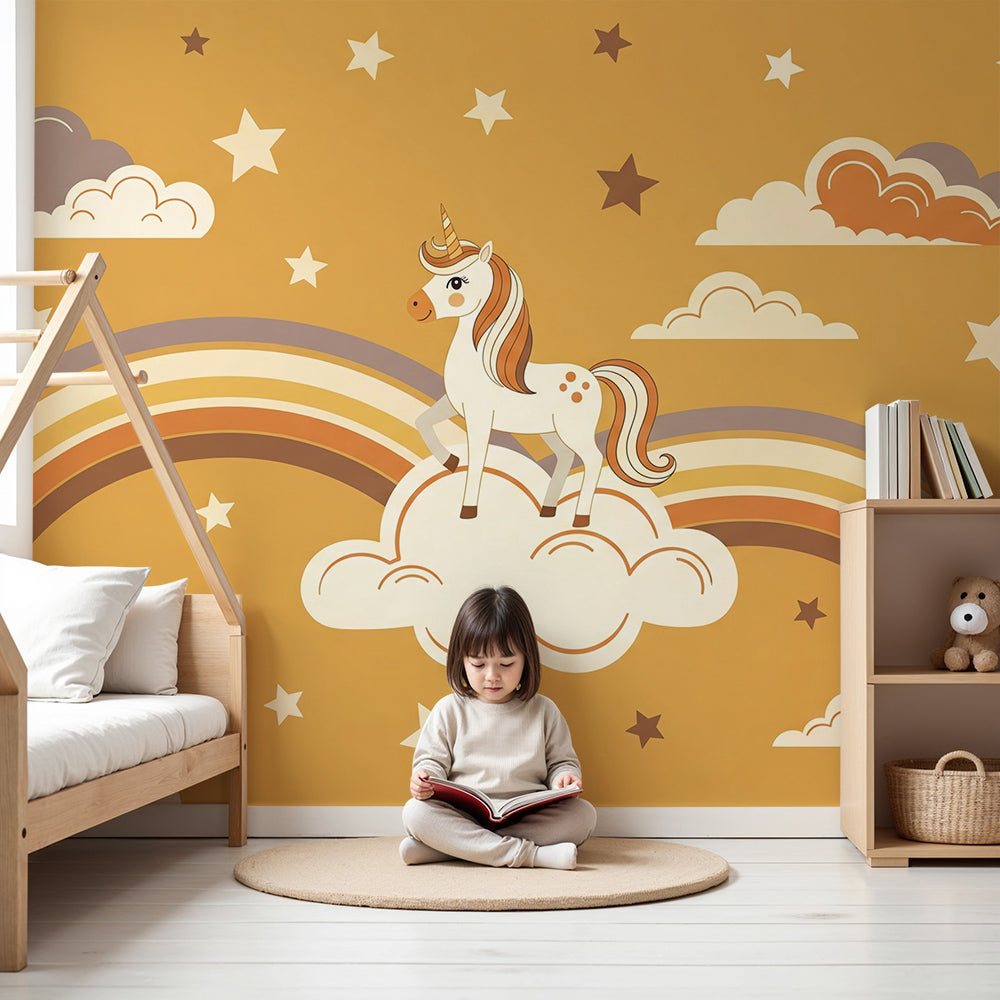 Nursery wall featuring the Kids-Mundo unicorn on a cloud golden rainbow wall mural with stars