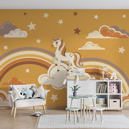 Playroom styled with the Kids-Mundo unicorn on a cloud rainbow wall mural in mustard tones