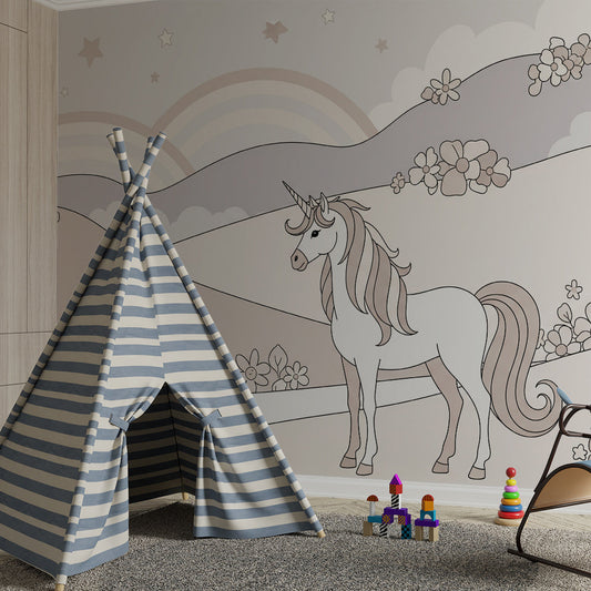 Kids-Mundo unicorn wall mural bringing gentle magic to a girl's bedroom wall.