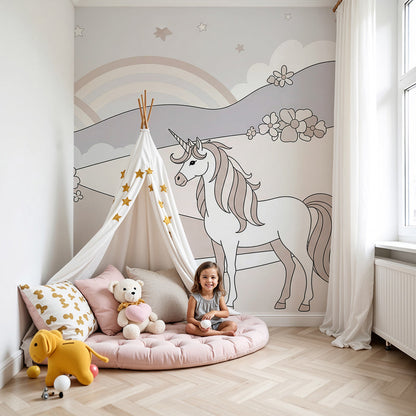 Kids-Mundo unicorn wall mural styled in a soft, dreamy neutral nursery room.