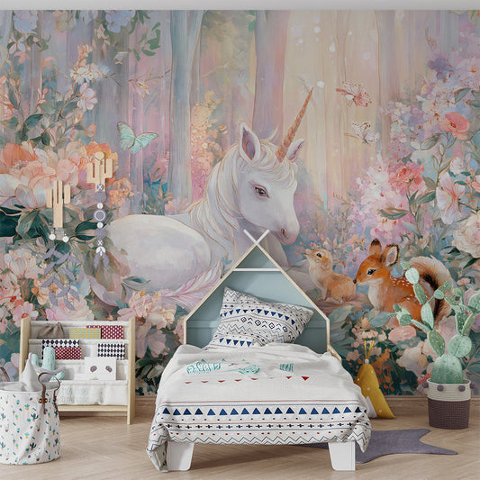 Kids-Mundo fairytale unicorn wall mural covering a wall in a girl's bedroom with fairy lights