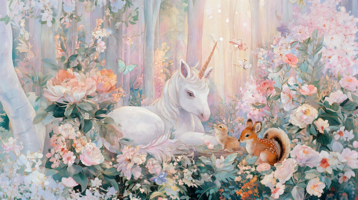 Unicorn in an Enchanted Flower Forest Wall Mural