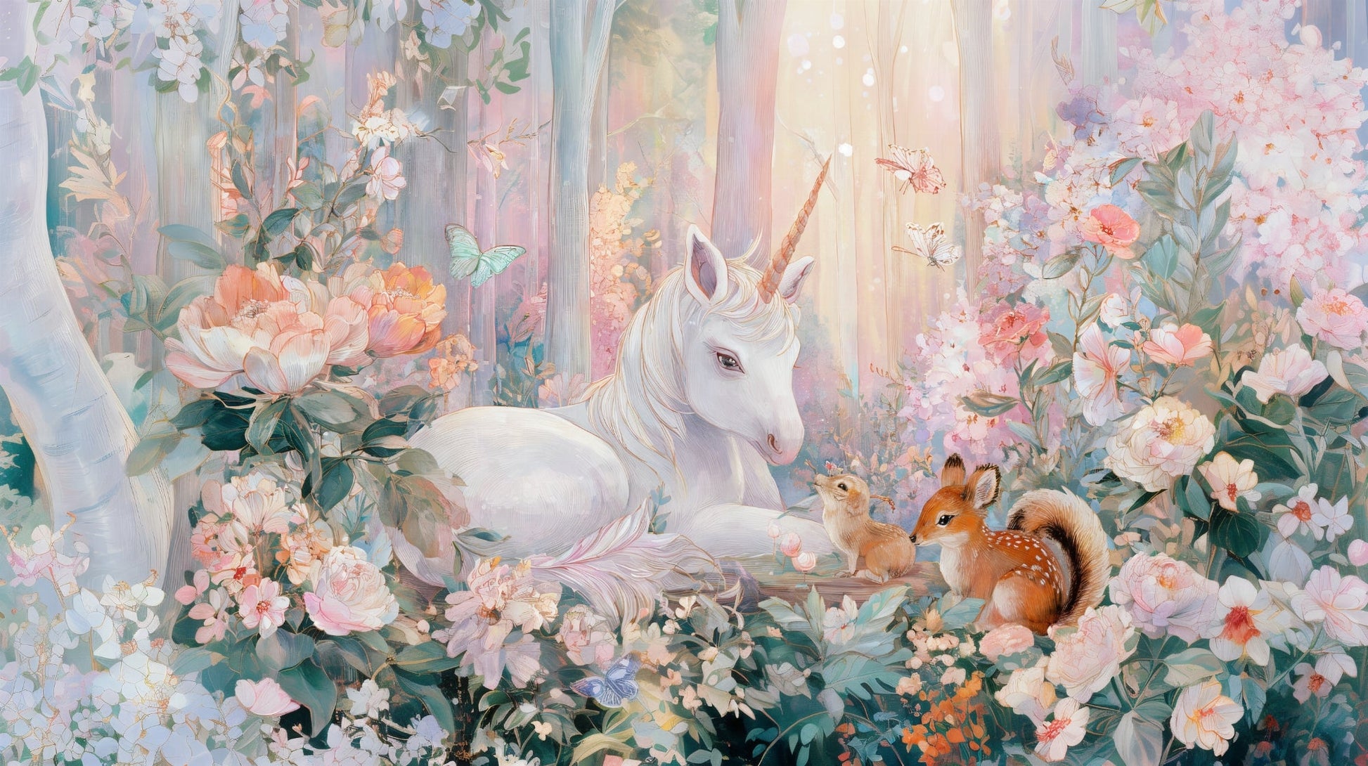Kids-Mundo flat artwork of the enchanted forest unicorn wall mural design with painted florals