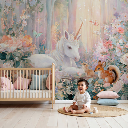 Kids-Mundo unicorn enchanted forest wall mural fitted above a cot in a soft pastel nursery