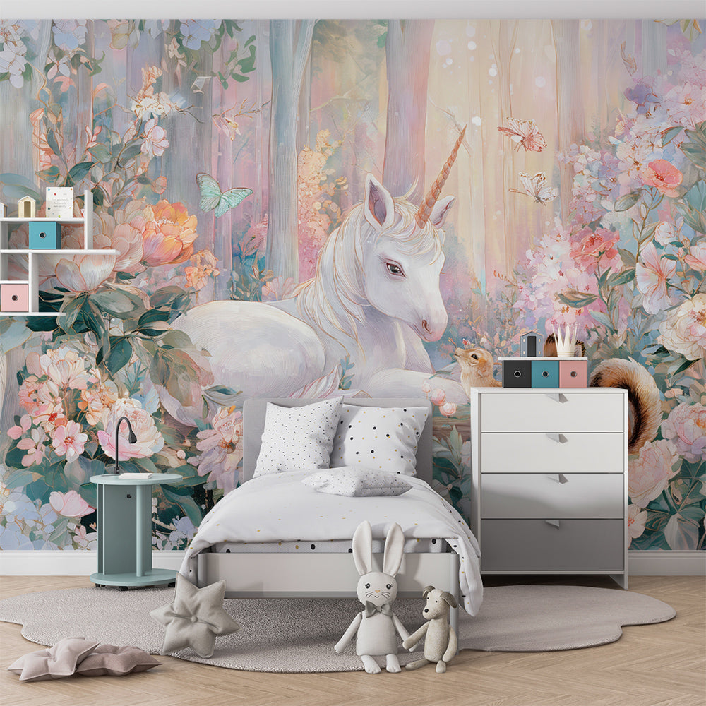 Kids-Mundo enchanted unicorn wall mural brightening a playroom reading corner with cushions