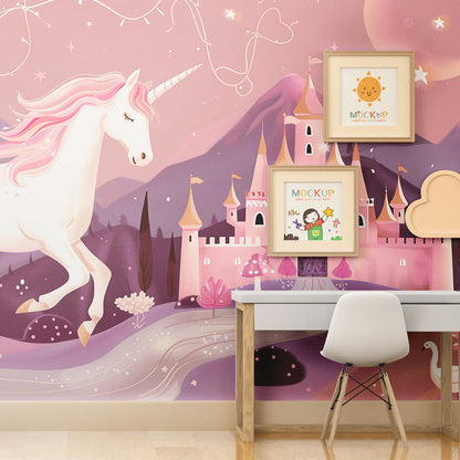 Kids-Mundo unicorn castle wallpaper mural in a magical girl's bedroom feature wall.