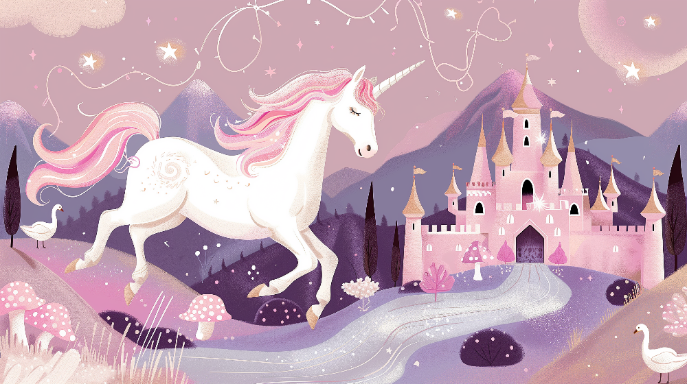Kids-Mundo flat artwork of a white unicorn galloping before a pink fairytale castle at night.