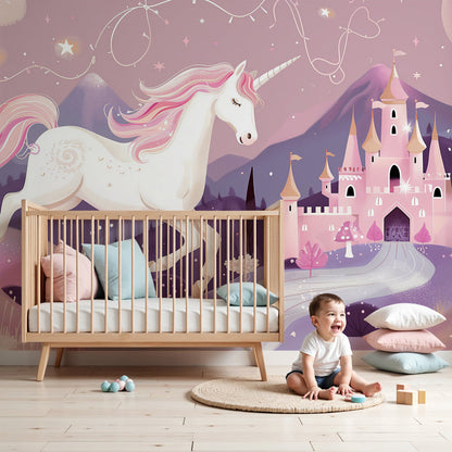 Kids-Mundo unicorn and fairytale castle wall mural styled in a soft purple and pink nursery.