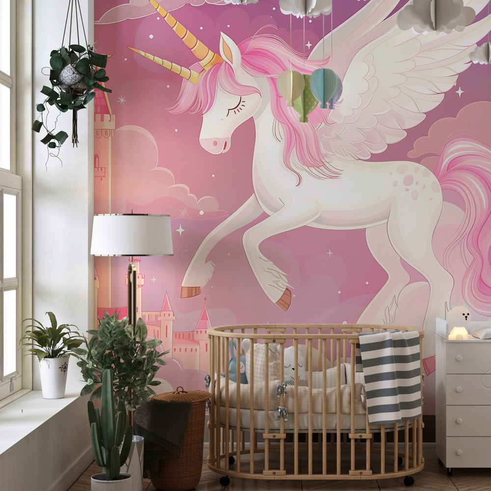Kids-Mundo fairytale unicorn wall mural adding magic to a children's playroom corner
