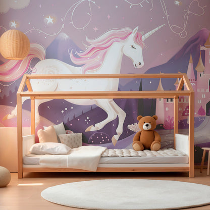 Kids-Mundo unicorn and castle wall mural bringing storybook charm to a bright playroom.