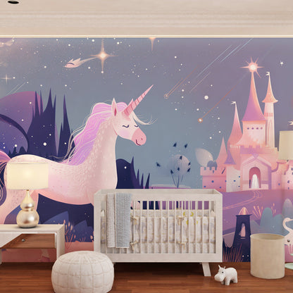 Kids-Mundo unicorn and castle wall mural on a feature wall in a magical kids bedroom