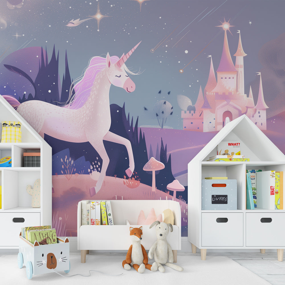Kids-Mundo unicorn and fairytale castle wall mural brightening a whimsical children's playroom