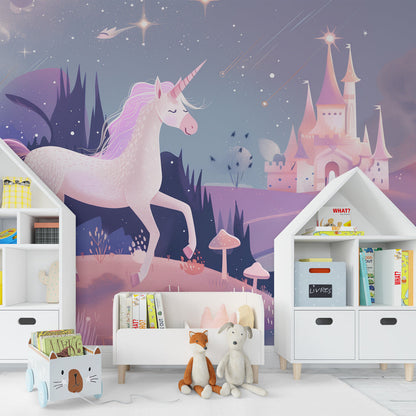 Kids-Mundo unicorn and fairytale castle wall mural brightening a whimsical children's playroom