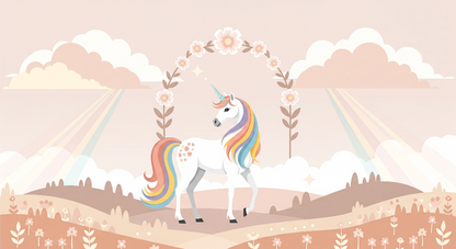 Flat artwork of the Kids-Mundo rainbow-maned unicorn standing beneath a pale floral arch