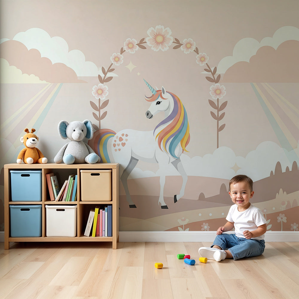Nursery wall showing the Kids-Mundo floral arch unicorn wall mural with a rainbow mane and tail