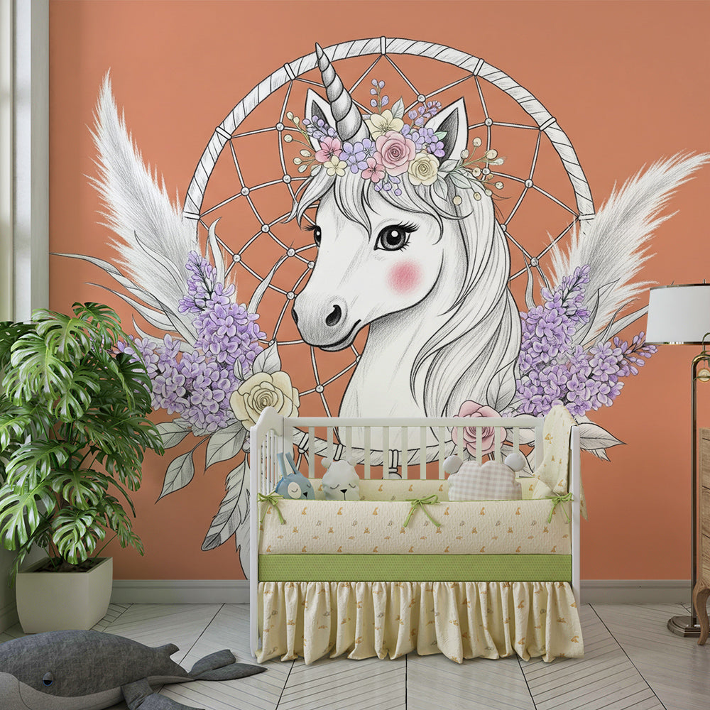 Kids-Mundo unicorn dreamcatcher mural styled as a nursery feature wall