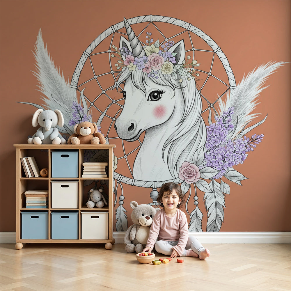 Kids-Mundo unicorn floral dreamcatcher wall mural above a bed in a girl's bedroom