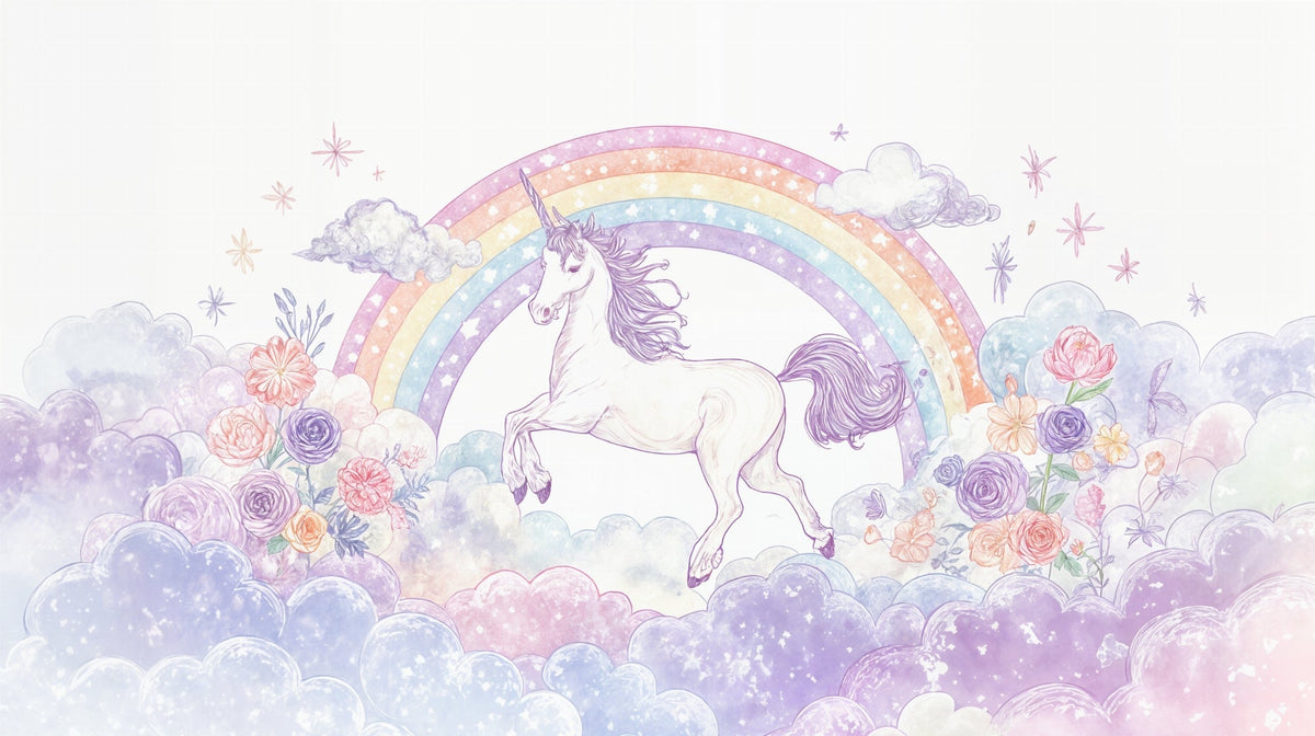 Pastel Unicorn Among Rainbow Clouds and Roses Wall Mural