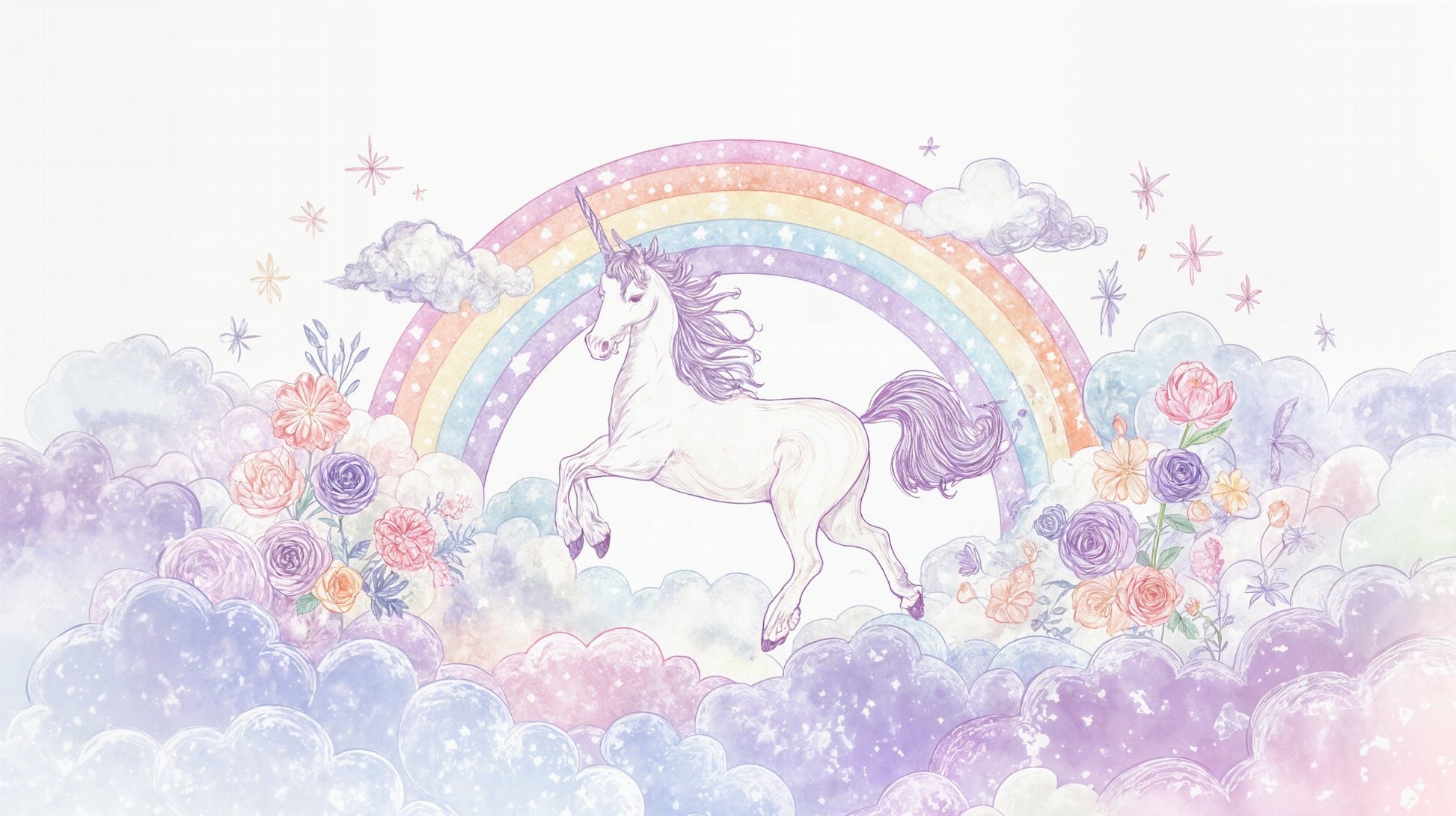 Flat artwork of the Kids-Mundo pastel unicorn wall mural with roses, rainbow and clouds