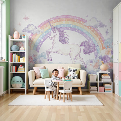 Kids-Mundo pastel unicorn wall mural with roses styled behind a cot in a lilac nursery