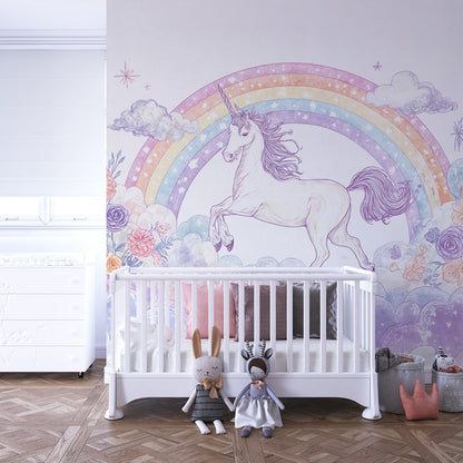 Kids-Mundo pastel floral unicorn wall mural covering a feature wall in a dreamy playroom