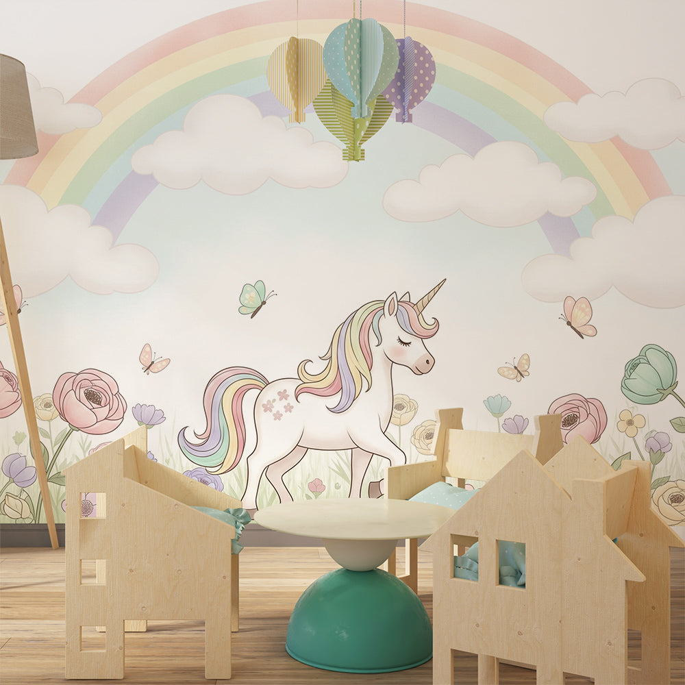 Kids-Mundo pastel unicorn wallpaper mural styled behind a girls bedroom bed