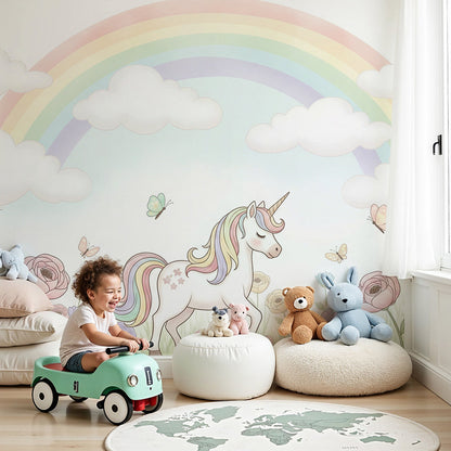 Kids-Mundo unicorn flower field mural on a nursery wall beside a white cot