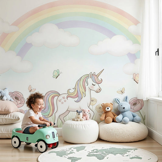 Kids-Mundo unicorn flower field mural on a nursery wall beside a white cot