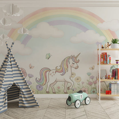 Kids-Mundo unicorn and flower wall mural covering a bright playroom wall