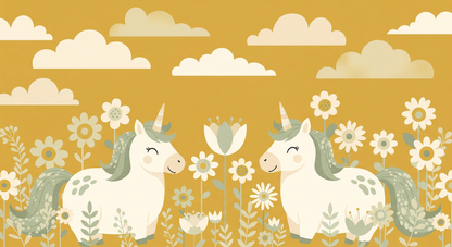 Kids-Mundo flat artwork of two unicorns nose to nose in a flower field mural design