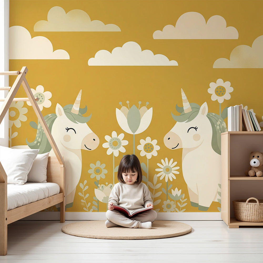 Kids-Mundo unicorn wallpaper mural in a nursery showing two smiling unicorns in a flower field