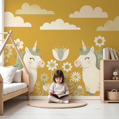 Kids-Mundo unicorn wallpaper mural in a nursery showing two smiling unicorns in a flower field