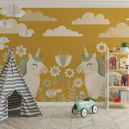 Kids-Mundo unicorn mural brightening a playroom wall with two friendly unicorns and flowers