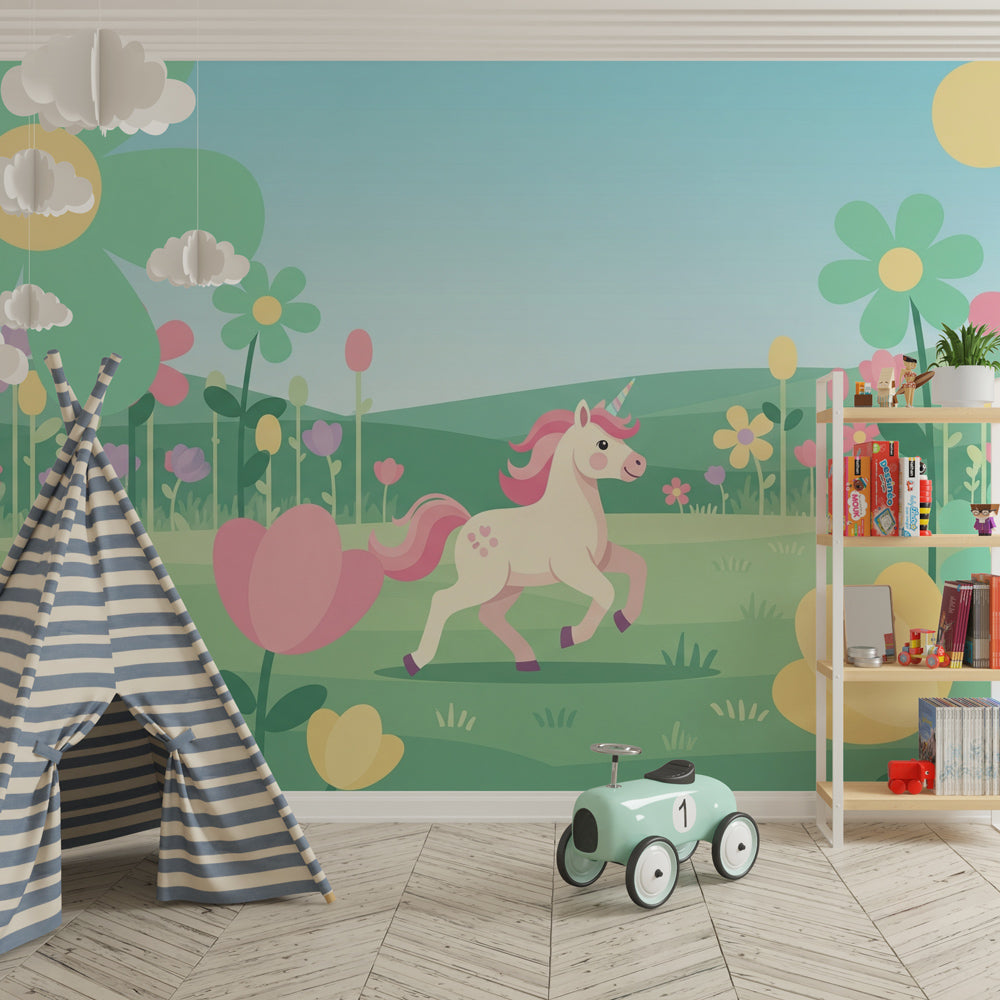 Magical unicorn mural wallpaper in kids bedroom with pastel flowers and dreamy blue sky atmosphere