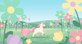 Detailed unicorn garden mural wallpaper design pattern showing magical floral elements by Kids-Mundo